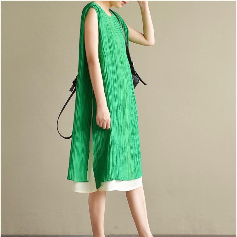 summer green layered stylish cotton dresses plus size casual sundress sleeveless mid dress side open - Omychic