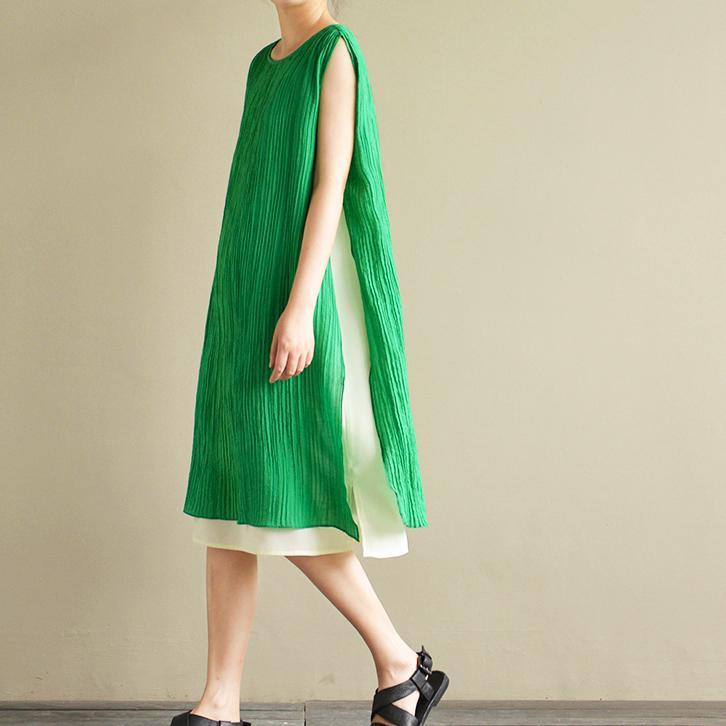 summer green layered stylish cotton dresses plus size casual sundress sleeveless mid dress side open - Omychic