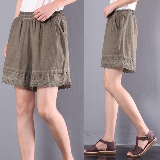 summer green pockets linen shorts oversize elastic waist shorts - Omychic