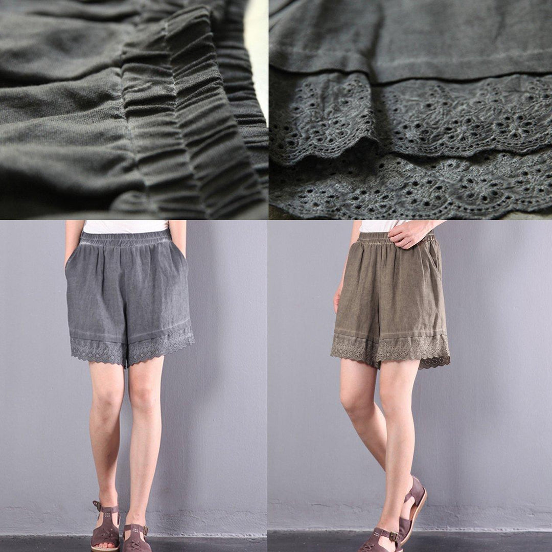 summer green pockets linen shorts oversize elastic waist shorts - Omychic