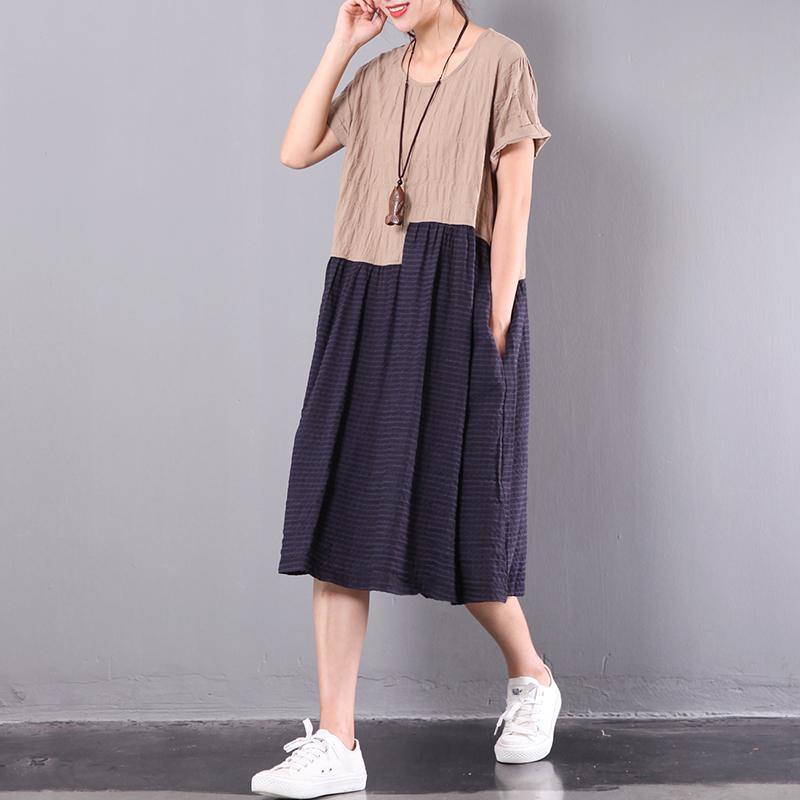 summer khaki grid patchwork cotton dresses plus size sundress short sleeve maxi dress - Omychic