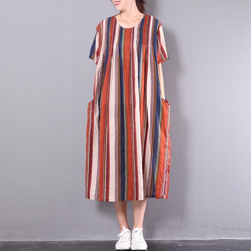 summer multi striped cotton sundress plus size casual dresses short sleeve maxi dress - Omychic