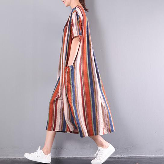 summer multi striped cotton sundress plus size casual dresses short sleeve maxi dress - Omychic