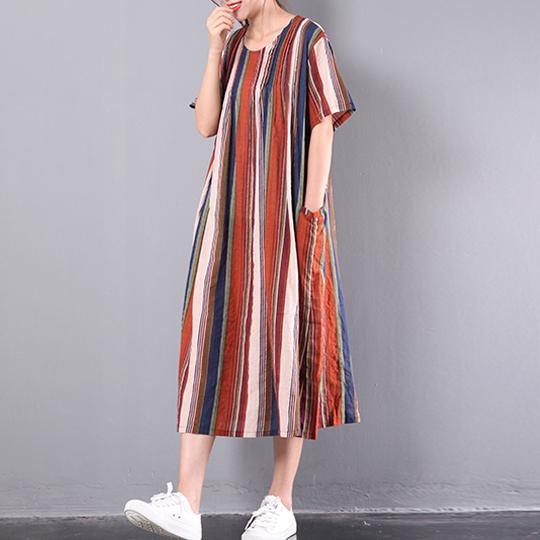 summer multi striped cotton sundress plus size casual dresses short sleeve maxi dress - Omychic