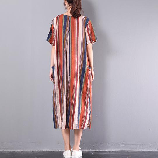 summer multi striped cotton sundress plus size casual dresses short sleeve maxi dress - Omychic