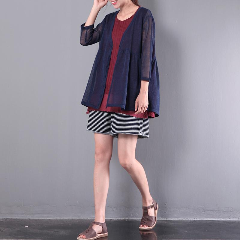 summer navy stylish knitting cotton tops baggy loose cardigans - Omychic
