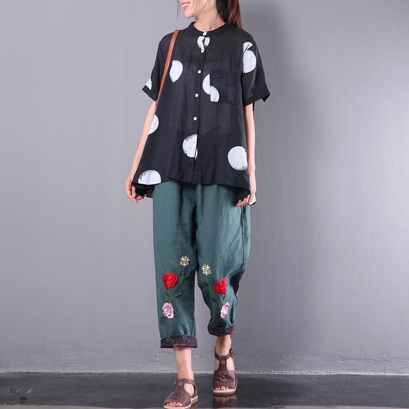 summer new black dot linen blouse casual loose tops short sleeve shirts - Omychic