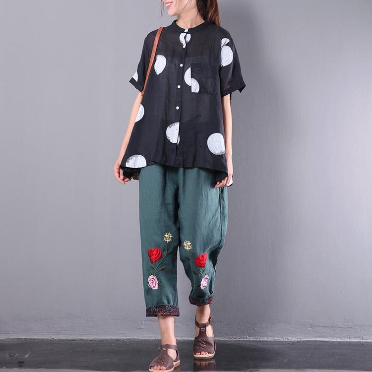 summer new black dot linen blouse casual loose tops short sleeve shirts - Omychic
