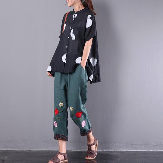 summer new black dot linen blouse casual loose tops short sleeve shirts - Omychic