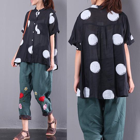 summer new black dot linen blouse casual loose tops short sleeve shirts - Omychic