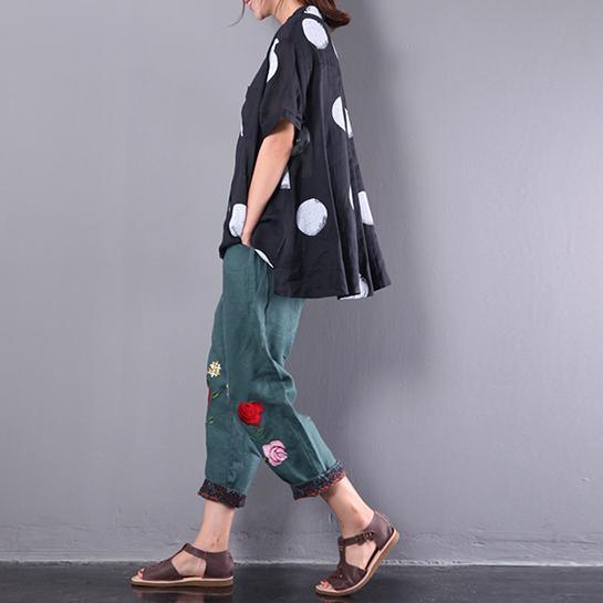 summer new black dot linen blouse casual loose tops short sleeve shirts - Omychic