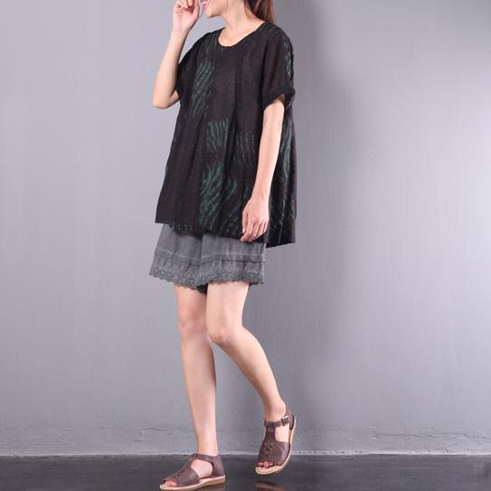 summer new black striped linen tops plus size short sleeve t shirt - Omychic