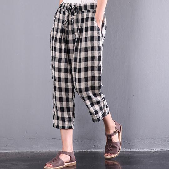 summer new black white grid linen pants casual plus size elastic waist crop pants - Omychic