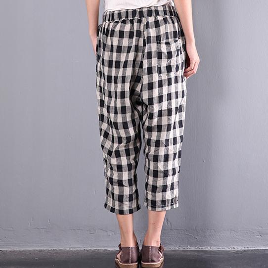 summer new black white grid linen pants casual plus size elastic waist crop pants - Omychic