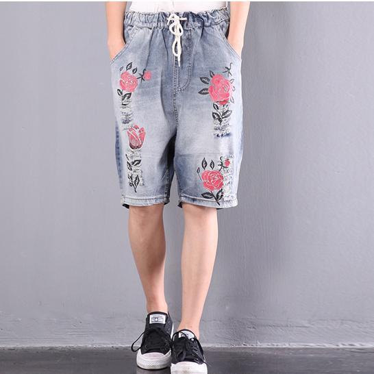 summer new blue roses pritns casual jeans wlastic waist hot pants - Omychic