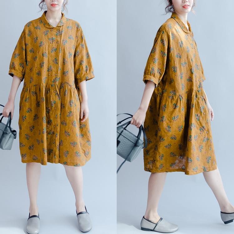 summer new floral dresses yellow plus size linen sundress puff sleeve mid dress - Omychic