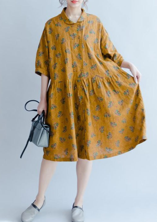 summer new floral dresses yellow plus size linen sundress puff sleeve mid dress - Omychic