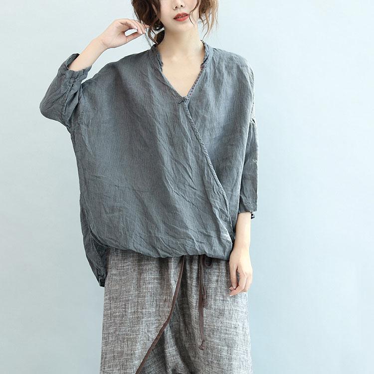 summer new gray linen blouse oversize stylish t shirt bracelet sleeved tops - Omychic