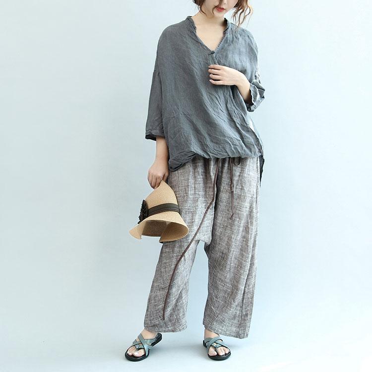 summer new gray linen blouse oversize stylish t shirt bracelet sleeved tops - Omychic