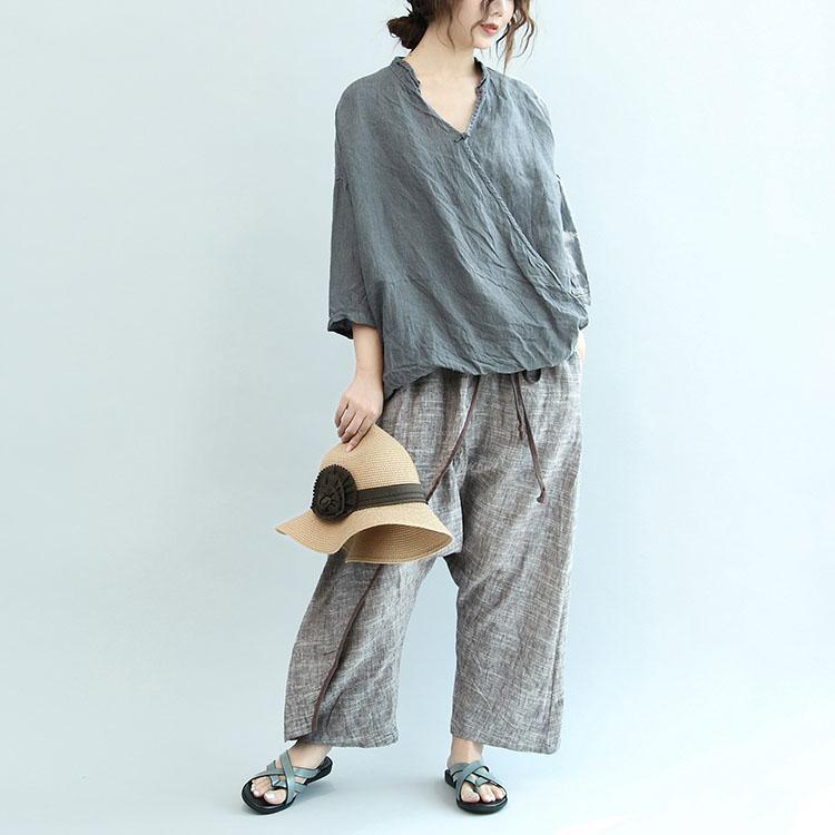 summer new gray linen blouse oversize stylish t shirt bracelet sleeved tops - Omychic