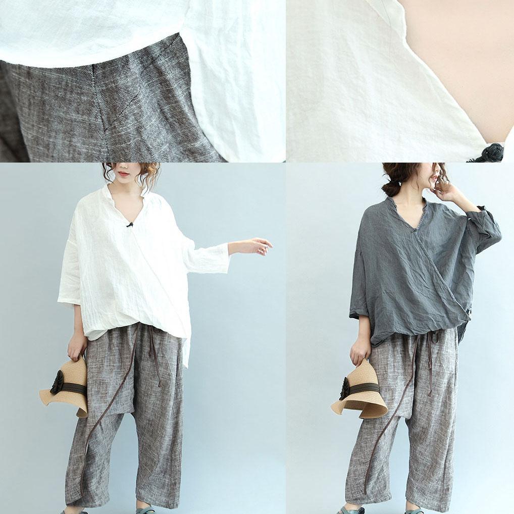 summer new gray linen blouse oversize stylish t shirt bracelet sleeved tops - Omychic