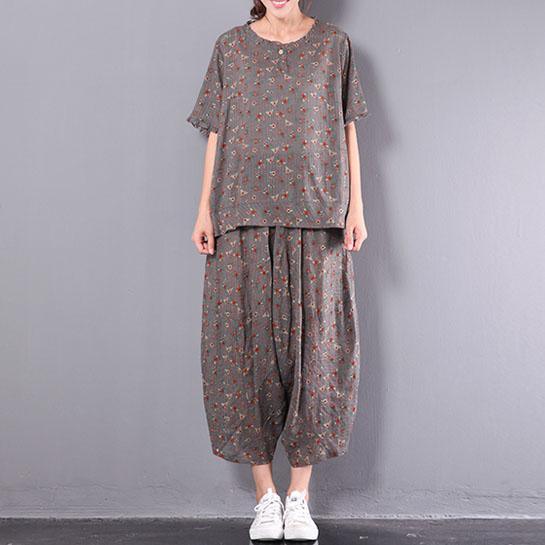 summer new gray print two pieces shot sleeve casual tops and loose harem pants - Omychic