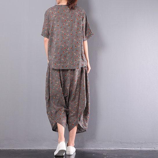 summer new gray print two pieces shot sleeve casual tops and loose harem pants - Omychic