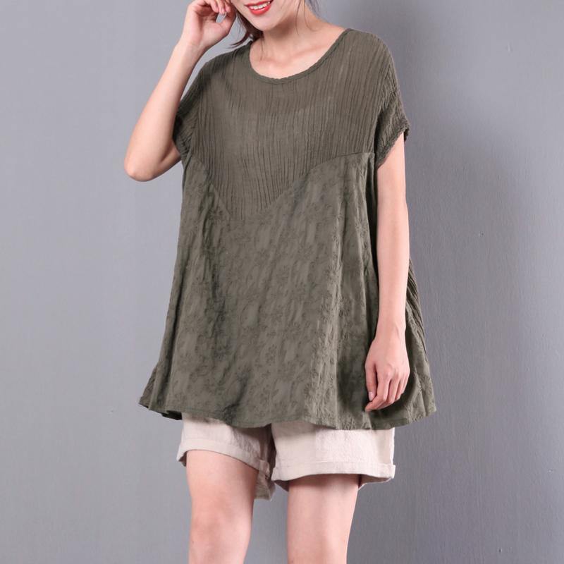 summer new green stylish linen pullover plus size blouse short sleeve t shirt - Omychic