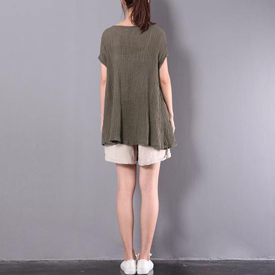 summer new green stylish linen pullover plus size blouse short sleeve t shirt - Omychic