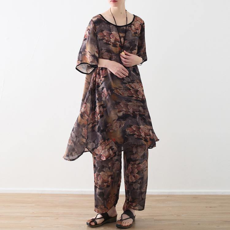 Summer new khaki gray chiffon two pieces prints vintage trumpet sleeves tops and casual wide leg pants - Omychic