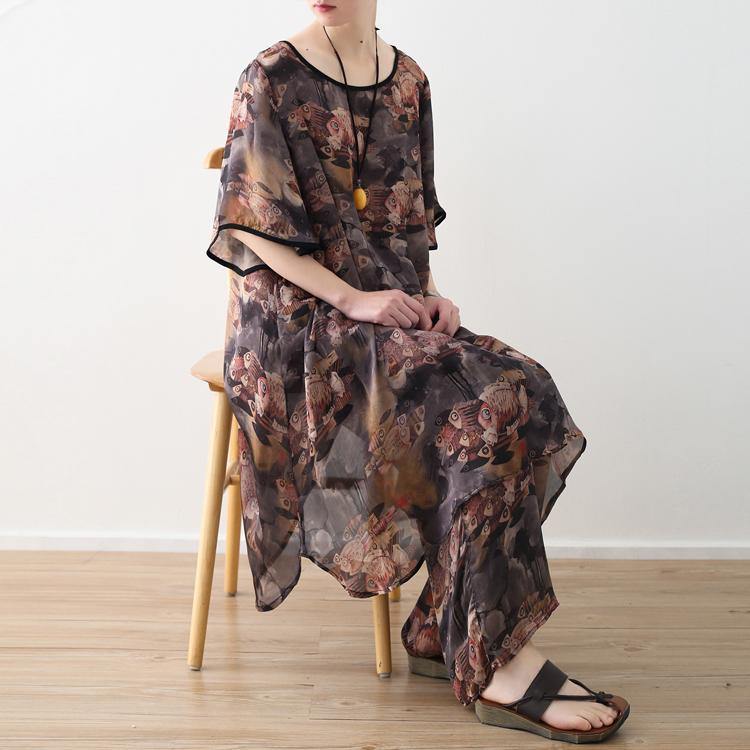 Summer new khaki gray chiffon two pieces prints vintage trumpet sleeves tops and casual wide leg pants - Omychic
