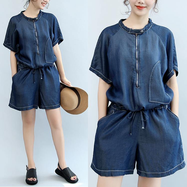 summer new navy stylish cotton short sleeve tops and casual jumpsuit shorts - Omychic