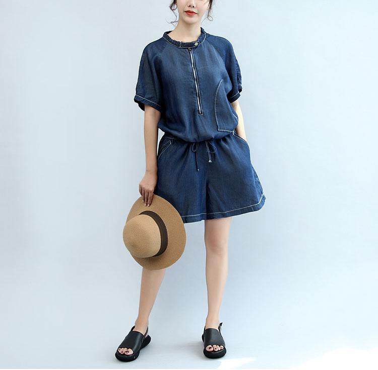 summer new navy stylish cotton short sleeve tops and casual jumpsuit shorts - Omychic