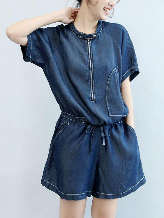 Summer New Navy Stylish Cotton Short Sleeve Tops And Casual Jumpsuit Shorts