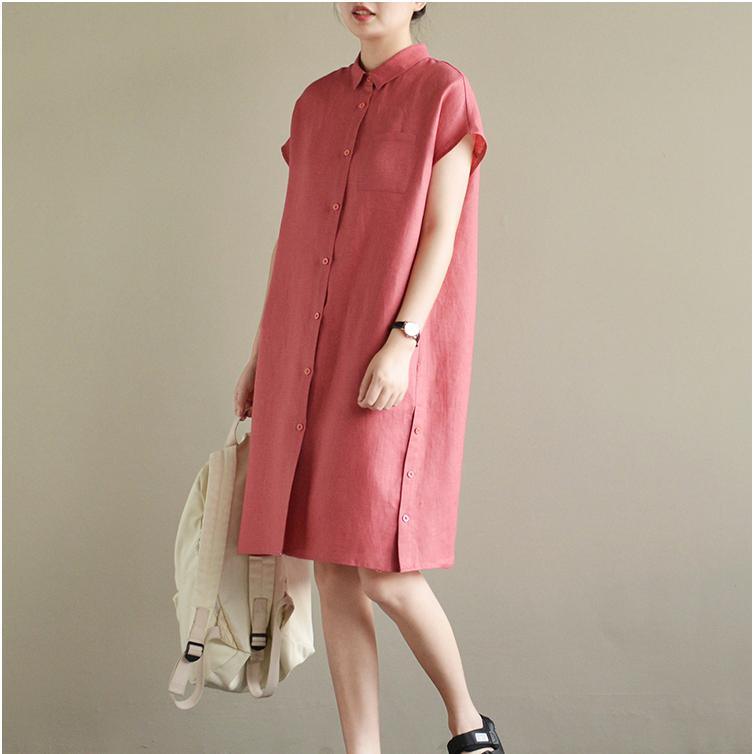 summer new red linen dresses plus size sundress short sleeve shirt dress - Omychic