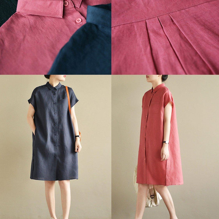 summer new red linen dresses plus size sundress short sleeve shirt dress - Omychic
