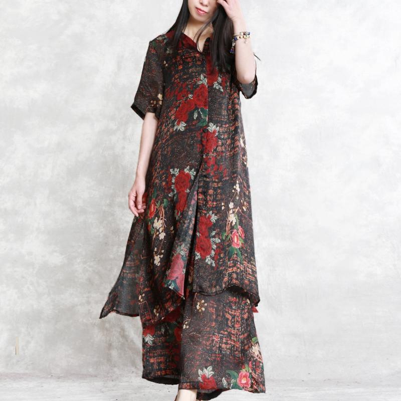 summer new silk casual two pieces short sleeve long shirt with elastic waist wide leg pants - Omychic