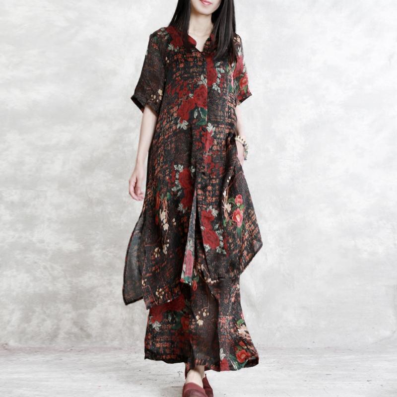 summer new silk casual two pieces short sleeve long shirt with elastic waist wide leg pants - Omychic
