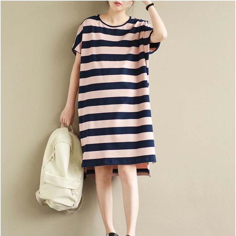 summer new striped casual knitting cotton dresses plus size sundress short sleeve low high dress - Omychic