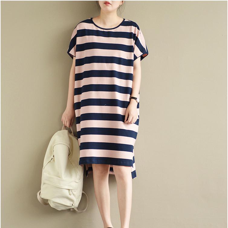 summer new striped casual knitting cotton dresses plus size sundress short sleeve low high dress - Omychic