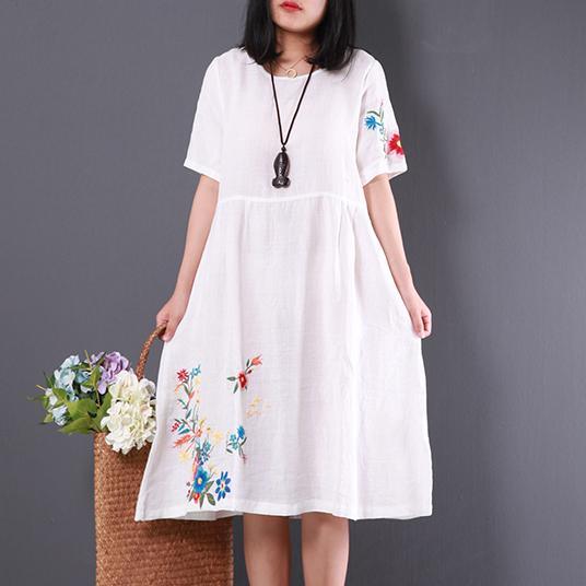 summer new white stylish linen dresses loose slim sundress high waist mid dress - Omychic