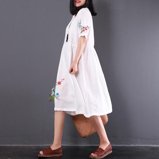 summer new white stylish linen dresses loose slim sundress high waist mid dress - Omychic
