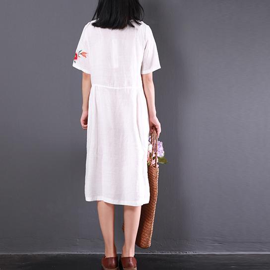 summer new white stylish linen dresses loose slim sundress high waist mid dress - Omychic