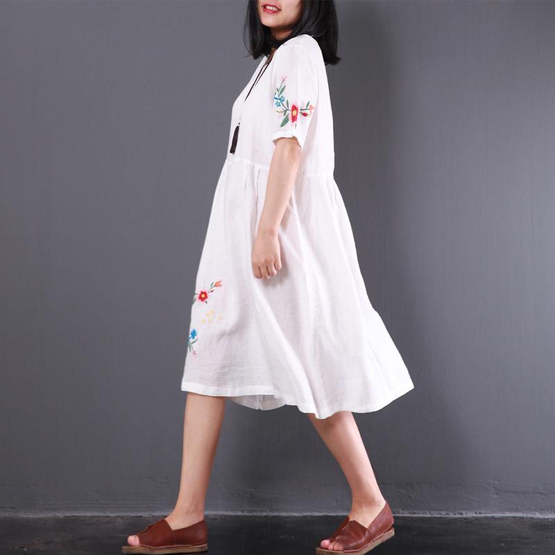 summer new white stylish linen dresses loose slim sundress high waist mid dress - Omychic
