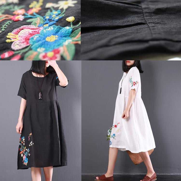 summer new white stylish linen dresses loose slim sundress high waist mid dress - Omychic