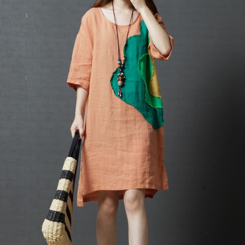 summer orange casual linen sundress oversize appliques women dresses o neck traveing dress - Omychic