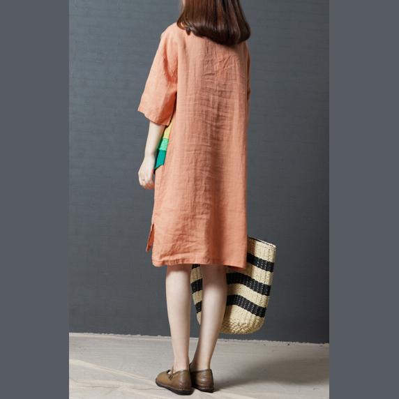 summer orange casual linen sundress oversize appliques women dresses o neck traveing dress - Omychic