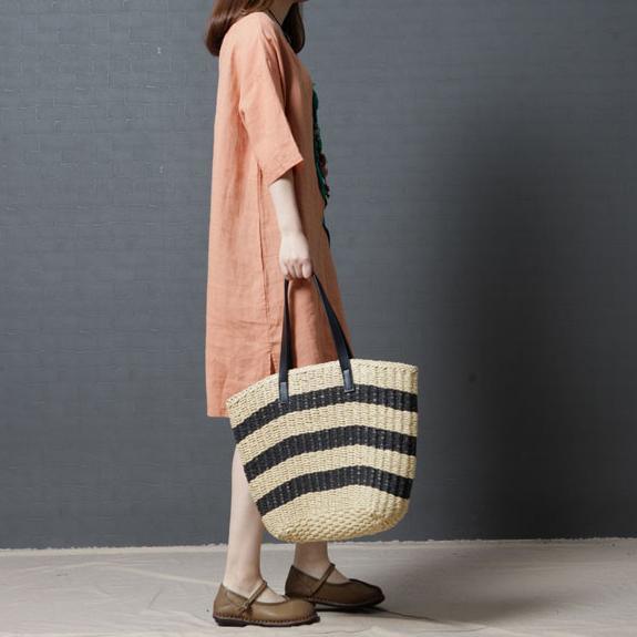 summer orange casual linen sundress oversize appliques women dresses o neck traveing dress - Omychic