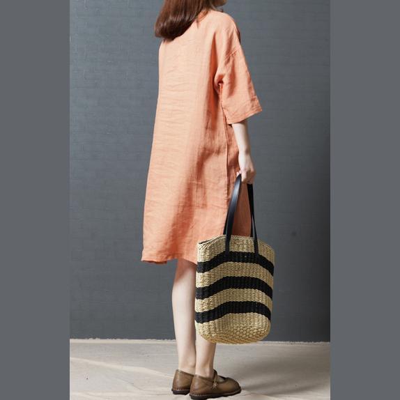 summer orange casual linen sundress oversize appliques women dresses o neck traveing dress - Omychic