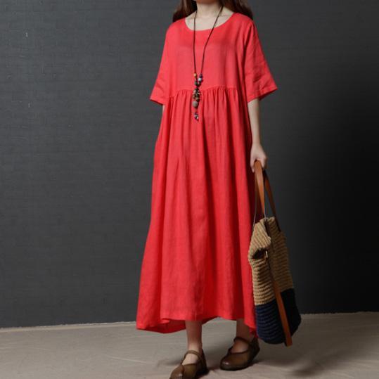 summer red casual women linen dresses large hem loose maxi dress short sleeve sundress - Omychic